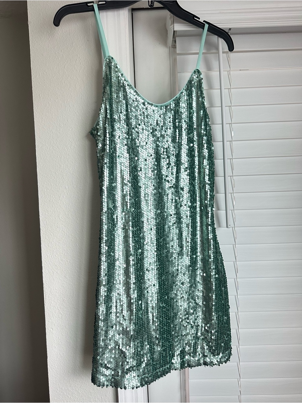 Mint Green Sequin Slip Mini Dress with Spaghetti Straps